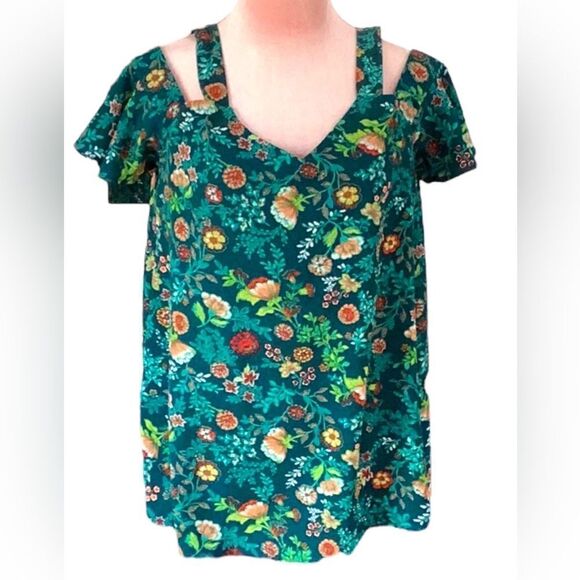 MONTEAU TOP BLOUSE COLD SHOULDER FLORAL PRINT LARGE - Picture 4 of 7